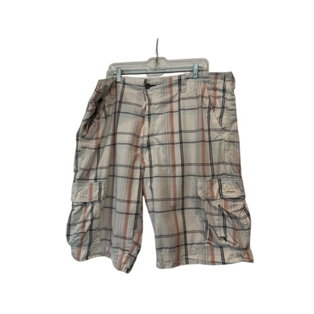 Levis‎ Vintage Y2k Mens Plaid Cargo Shorts White Grey Orange Relaxed Fit 42 EUC